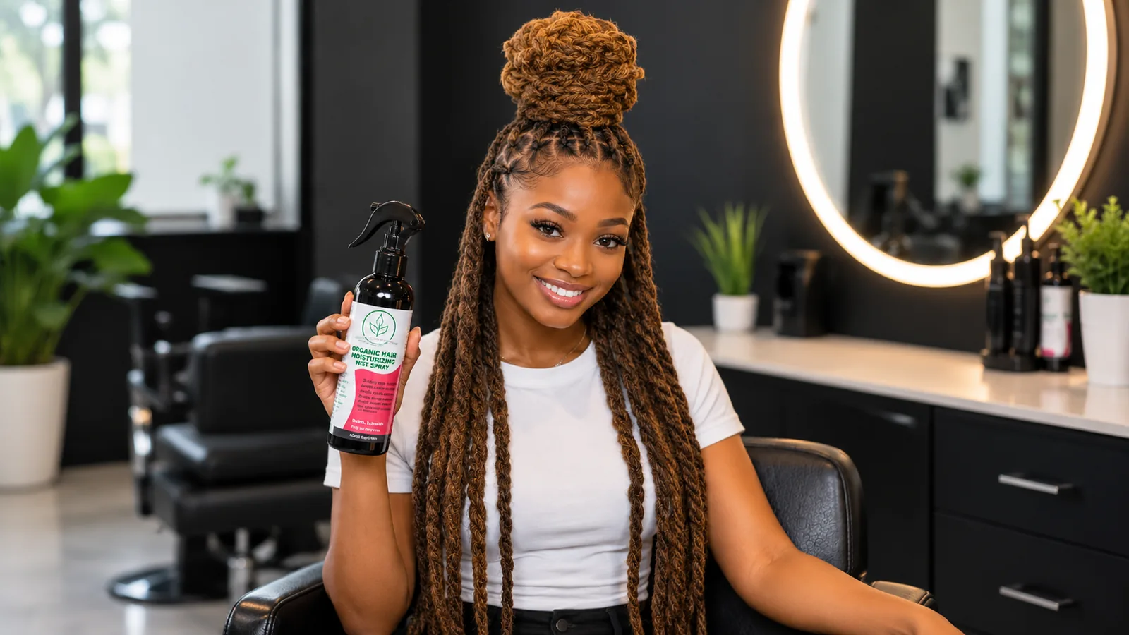 Client in the studio holding the Organic Hair Moisturizing Mist Spray