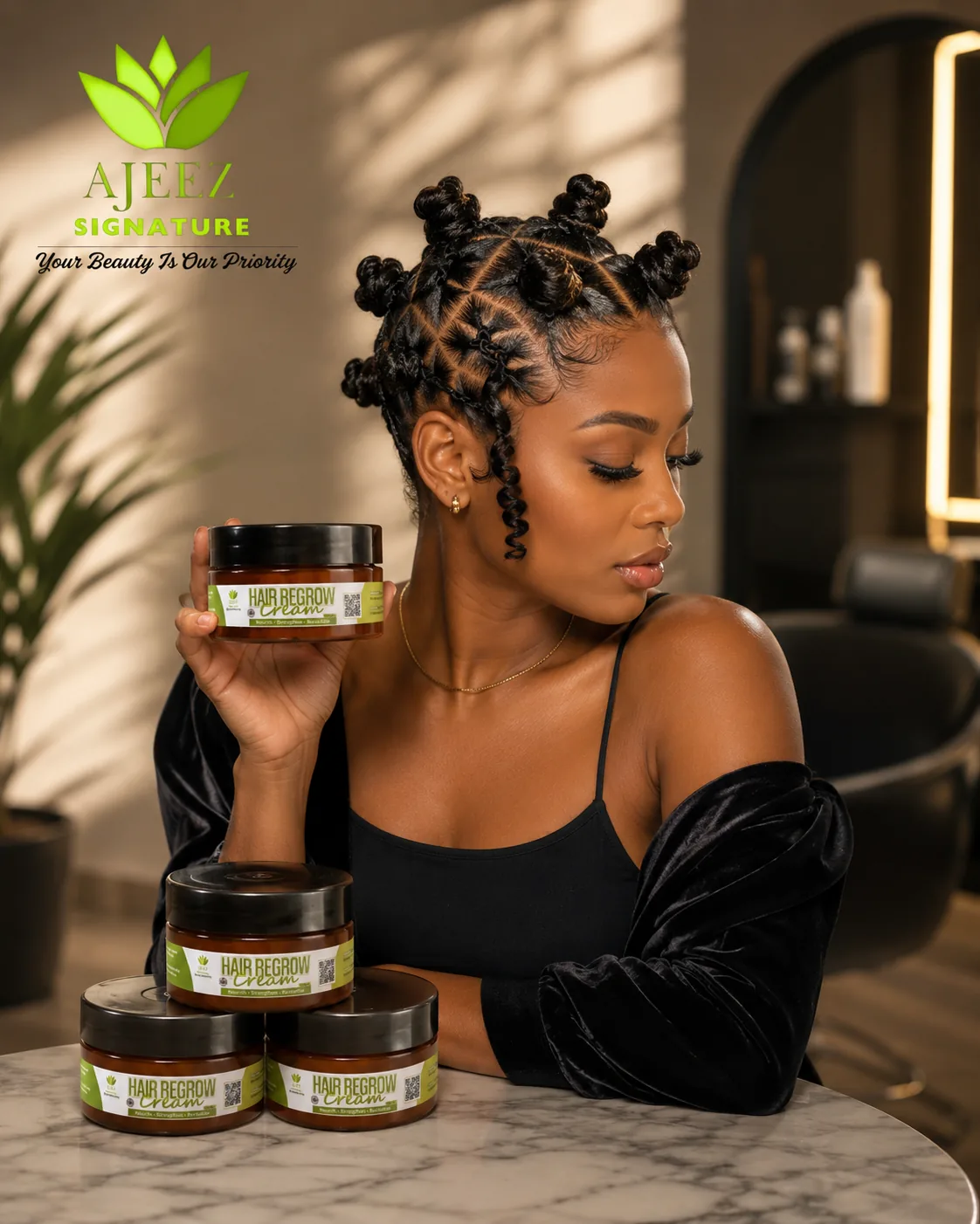 Client with bantu knots holding Hair Regrow Cream