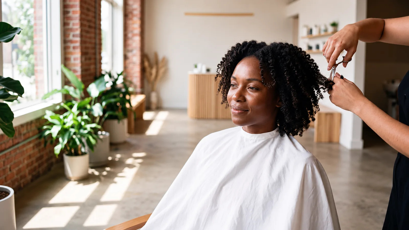 Client having her natural hair shaped in the studio