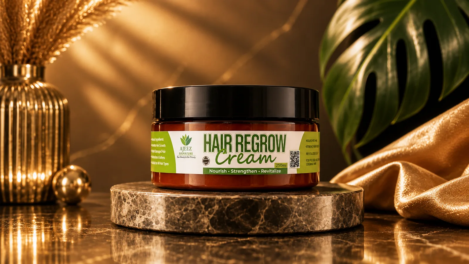 Hair Regrow Cream on a marble plinth