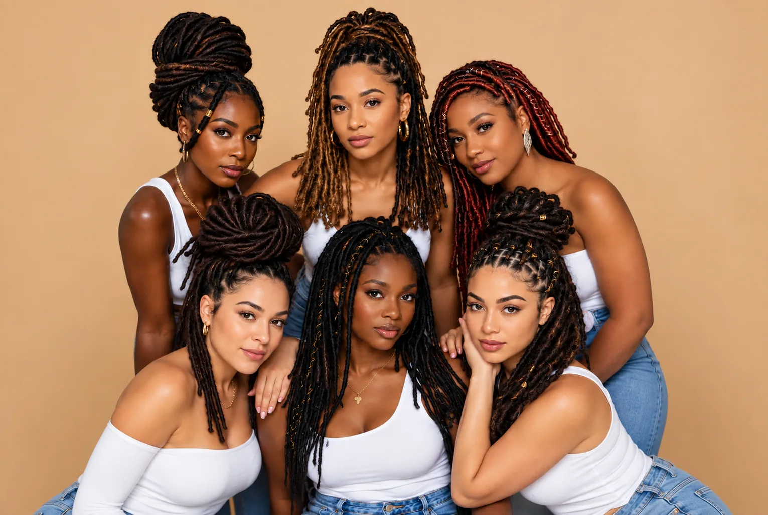 Six clients wearing locs and braids in a range of styles and colours